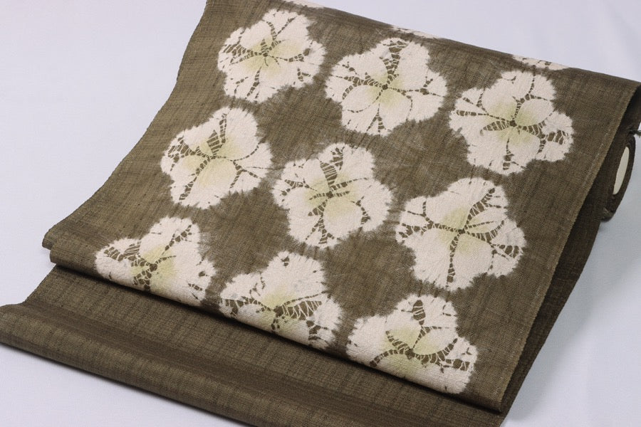 桐生絞名古屋帯正絹 オリーブ色 