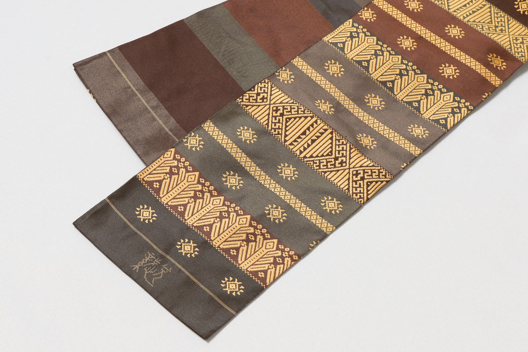 半幅帯 正絹 幾何学模様 織悦 西陣織物 京都 博多帯 茶色 ブラウン