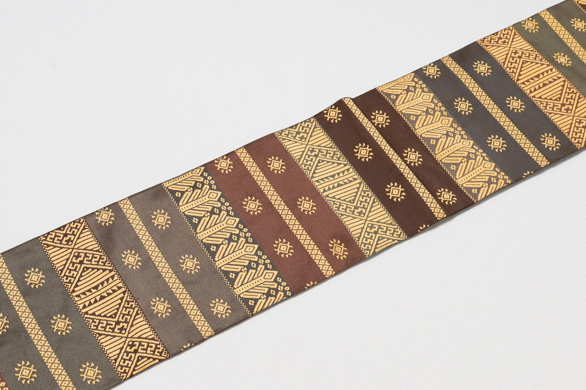 半幅帯 正絹 幾何学模様 織悦 西陣織物 京都 博多帯 茶色 ブラウン