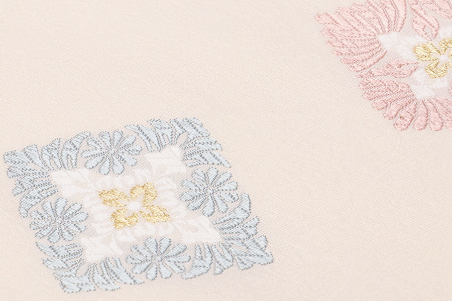 名古屋帯 帯反物 西陣 薄いグレー 薄ピンク 華菱模様 名古屋帯 帯 未  