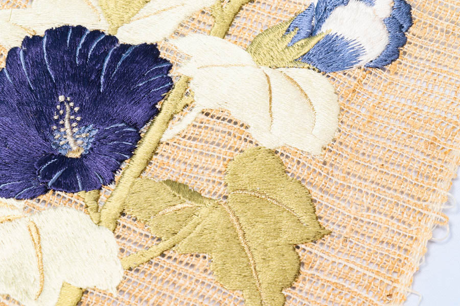 工芸キモノ野口 正絹 刺繍 九寸名古屋帯 野蚕三越手織地 名古屋